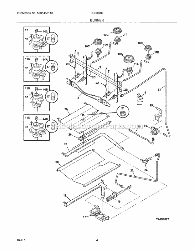 Frigidaire FGF368GSA Freestanding, Gas Gas Range Burner Diagram