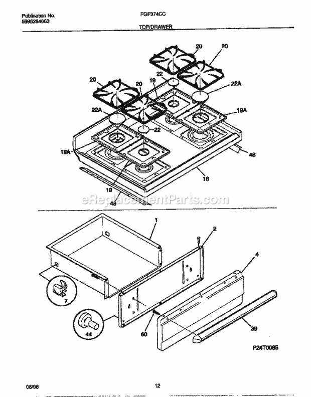 Frigidaire FGF374CCSC Freestanding, Gas Frigidaire Gas Range Top / Drawer Diagram