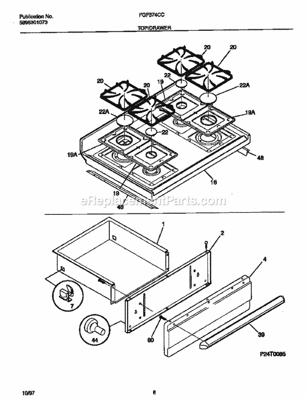 Frigidaire FGF374CCSH Freestanding, Gas Frigidaire Gas-Range Top / Drawer Diagram