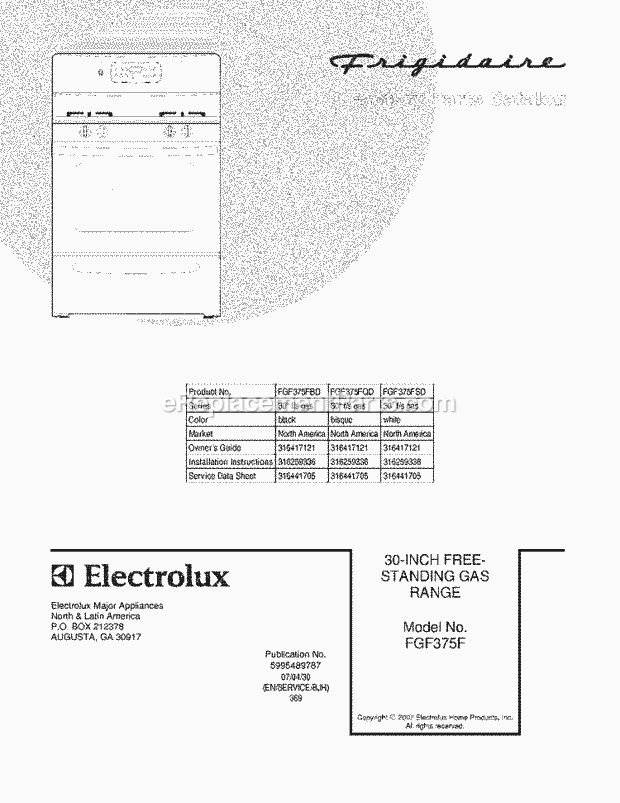 Frigidaire FGF375FBD Freestanding, Gas Gas Range Page D Diagram