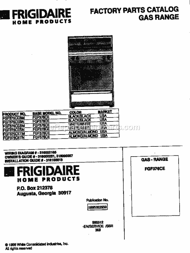 Frigidaire FGF376CEBN Freestanding, Gas Frigidaire/Gas Range Page D Diagram