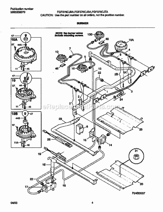 Frigidaire FGF376CJBA Freestanding, Gas Range Burner Diagram