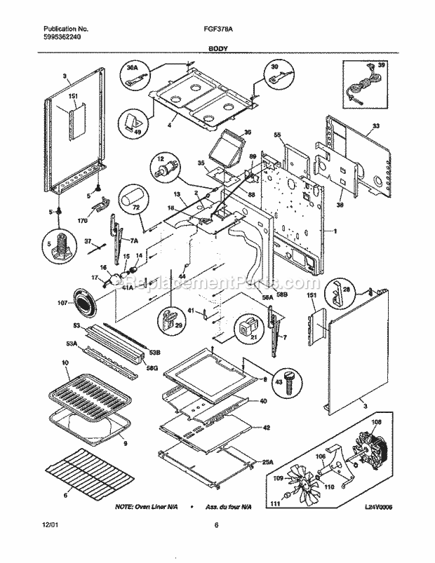 Frigidaire FGF378ACC Freestanding, Gas Gas Range Body Diagram