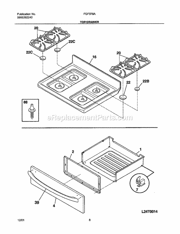 Frigidaire FGF378ACC Freestanding, Gas Gas Range Top / Drawer Diagram