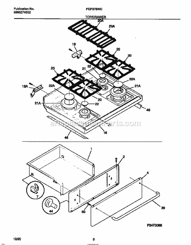 Frigidaire FGF378WCCB Freestanding, Gas Gas Range Top / Drawer Diagram