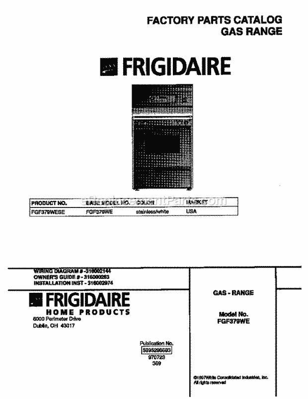 Frigidaire FGF379WESE Freestanding, Gas Frigidaire Gas Range Page D Diagram