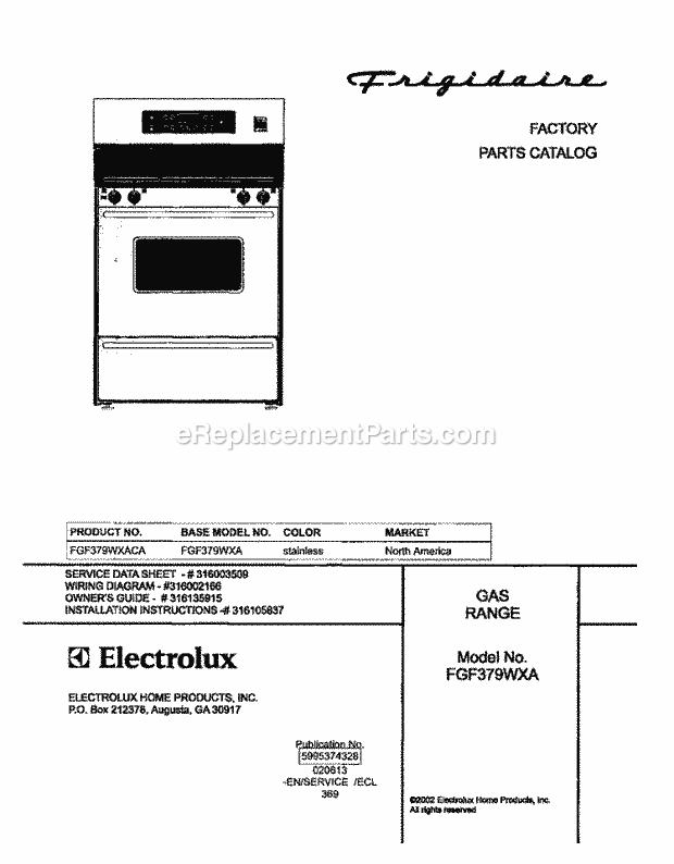 Frigidaire FGF379WXACA Freestanding, Gas Gas Range Page D Diagram