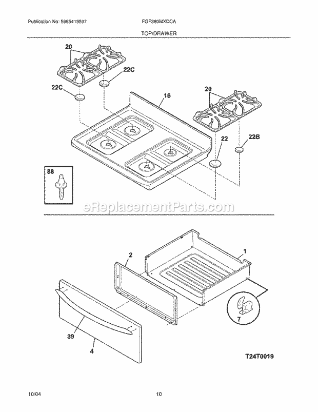 Frigidaire FGF380MXDCA Freestanding, Gas Gas Range Top / Drawer Diagram