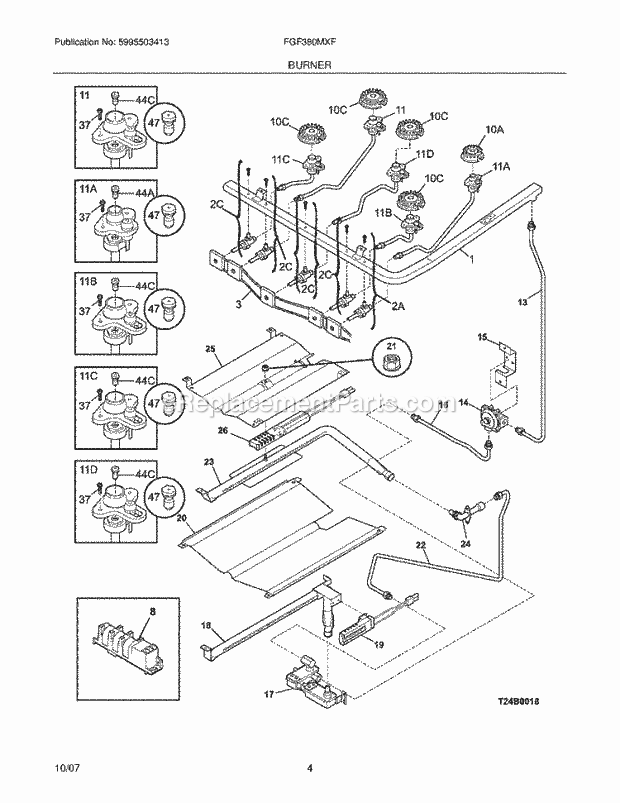 Frigidaire FGF380MXFSB Freestanding, Gas Gas Range Burner Diagram