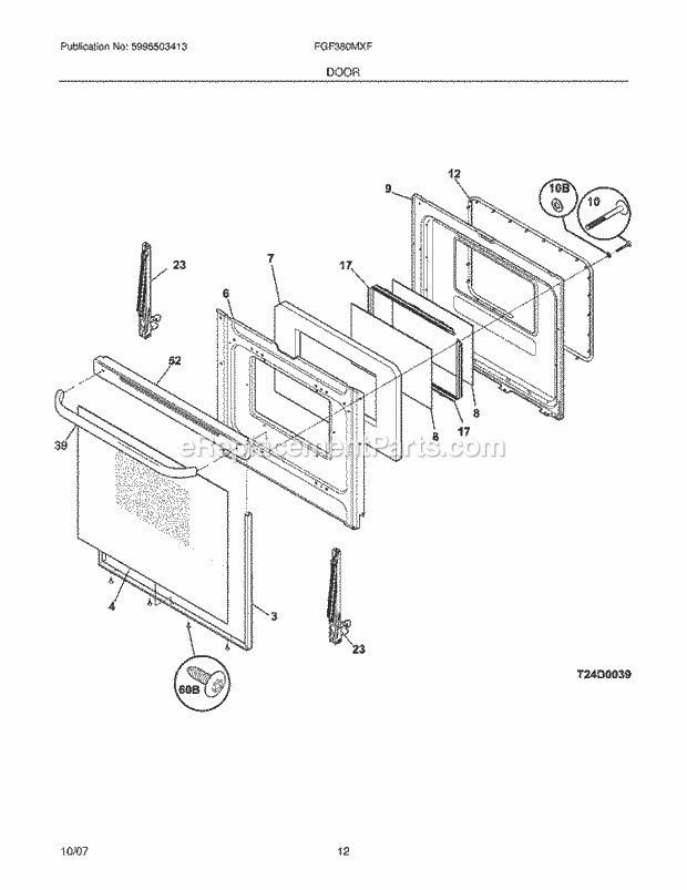 Frigidaire FGF380MXFSB Freestanding, Gas Gas Range Door Diagram