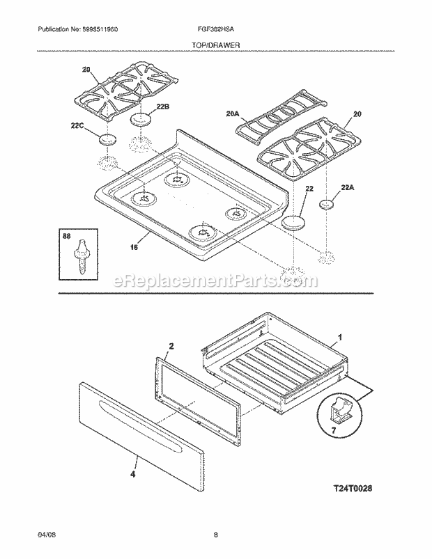 Frigidaire FGF382HSA Freestanding, Gas Gas Range Top / Drawer Diagram