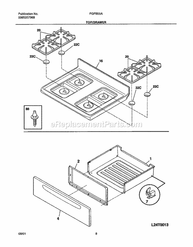 Frigidaire FGFB55ASB Freestanding, Gas Range Top / Drawer Diagram