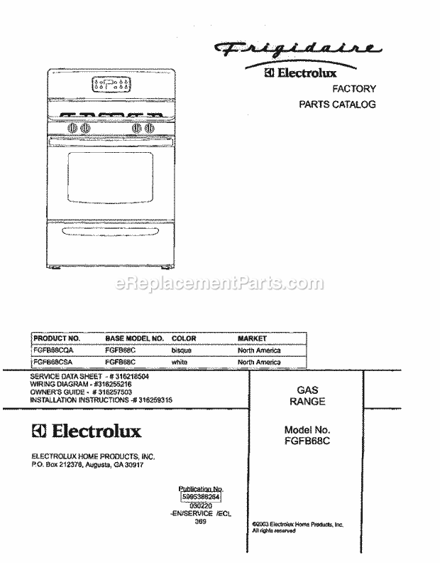 Frigidaire FGFB68CQA Freestanding, Gas Gas Range Page D Diagram