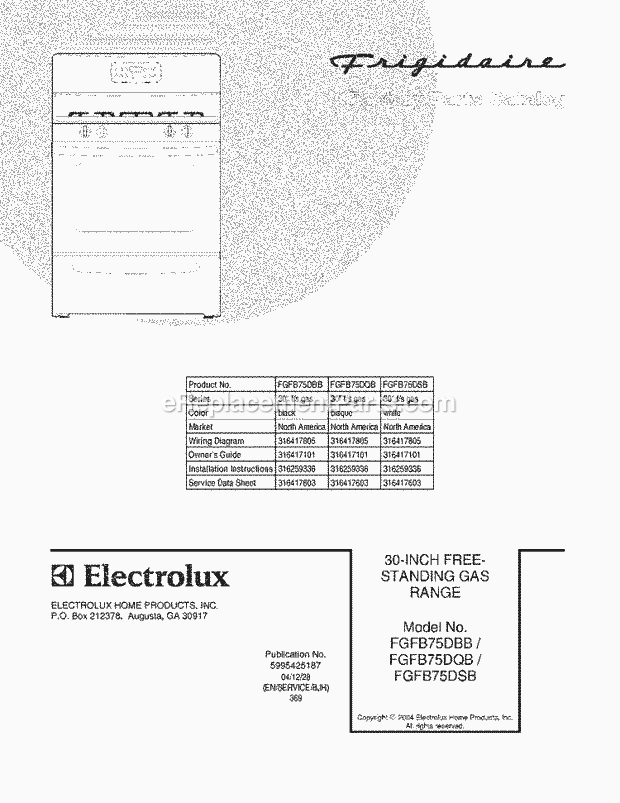 Frigidaire FGFB75DBB Freestanding, Gas Gas Range Page D Diagram