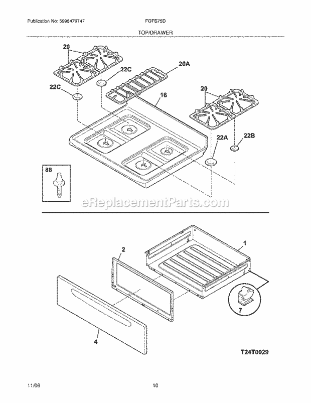 Frigidaire FGFB75DBG Freestanding, Gas Gas Range Top / Drawer Diagram