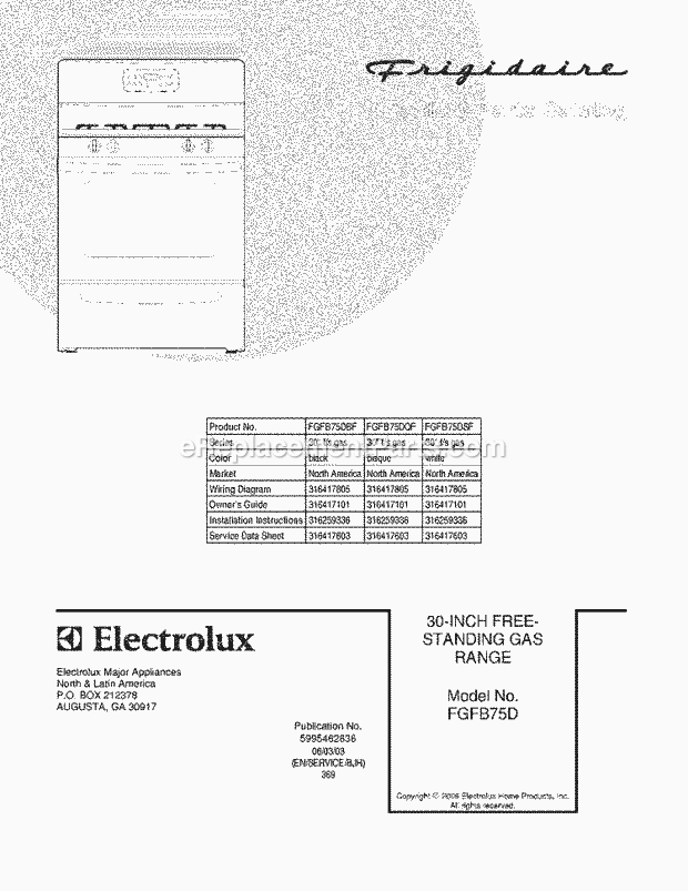 Frigidaire FGFB75DQF Freestanding, Gas Gas Range Page D Diagram