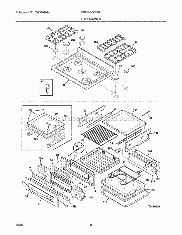 Frigidaire FGFBMZ96FCA Freestanding, Gas Gas Range Top / Drawer Diagram