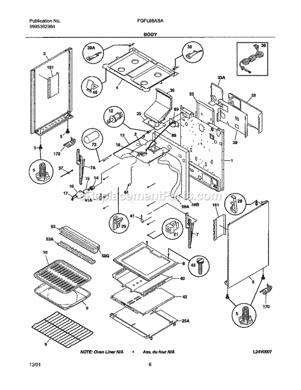 Frigidaire FGFL66ASA Freestanding, Gas Range Body Diagram