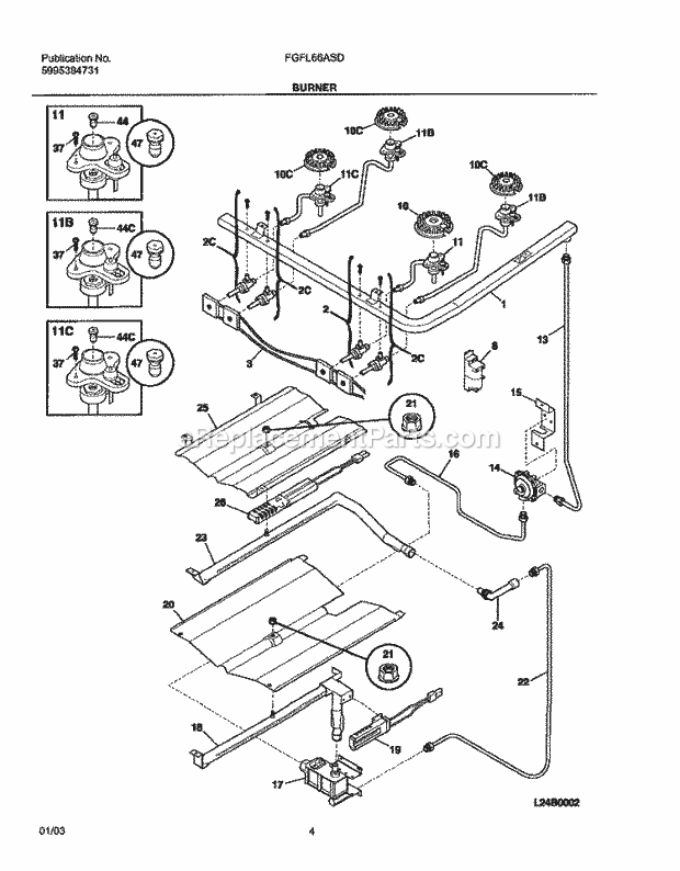 Frigidaire FGFL66ASD Freestanding, Gas Range Burner Diagram