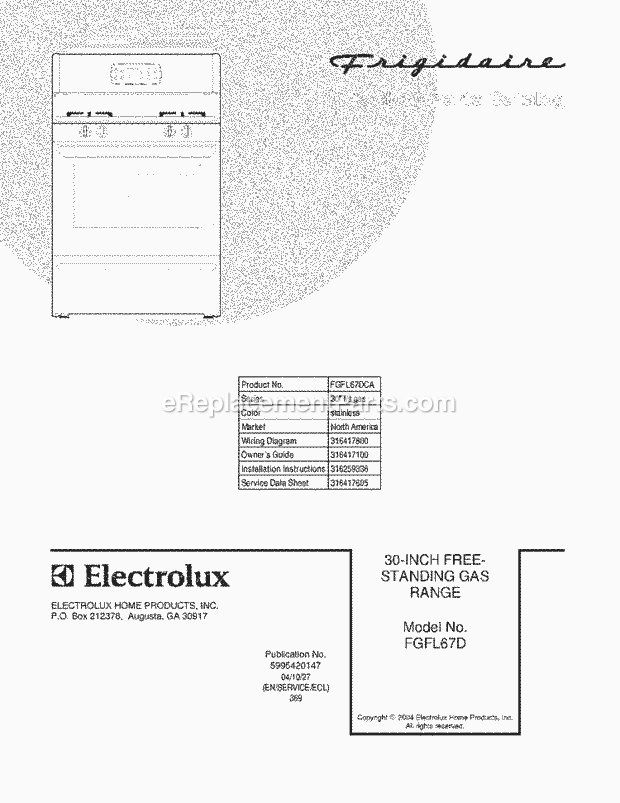 Frigidaire FGFL67DCA Freestanding, Gas Gas Range Page D Diagram