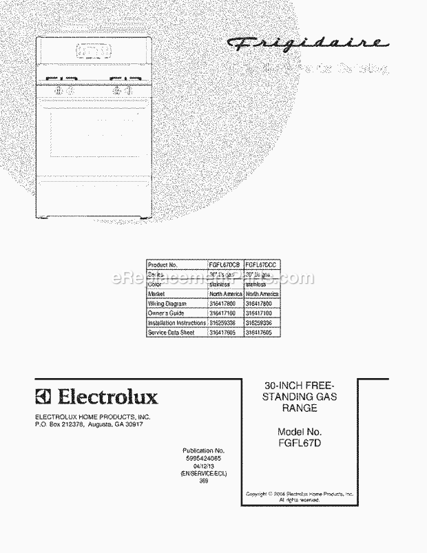 Frigidaire FGFL67DCB Freestanding, Gas Gas Range Page D Diagram