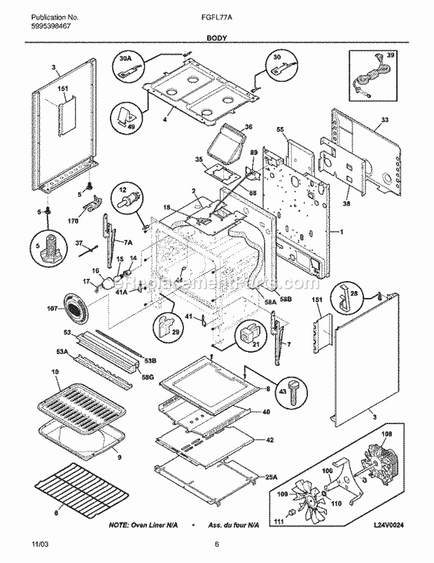 Frigidaire FGFL77ABF Freestanding, Gas Gas Range Body Diagram