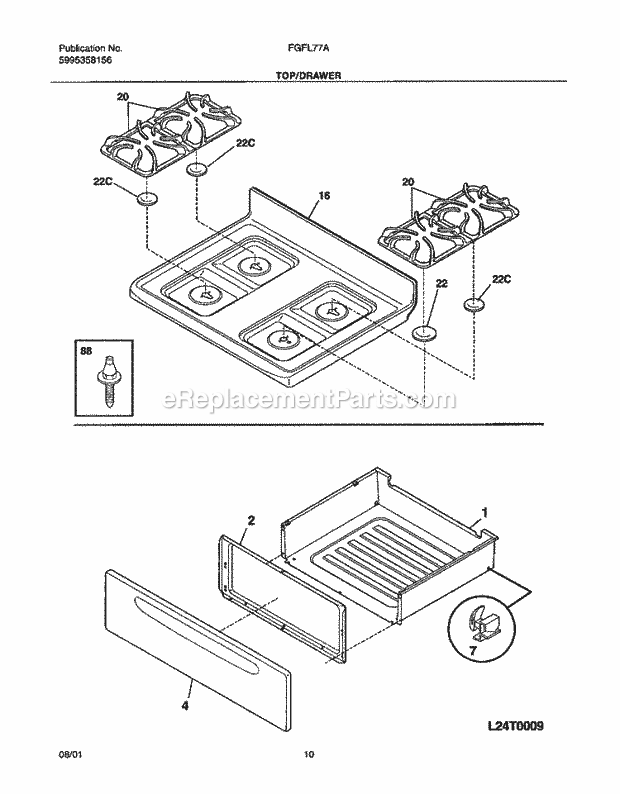 Frigidaire FGFL77AQC Freestanding, Gas Range Top / Drawer Diagram