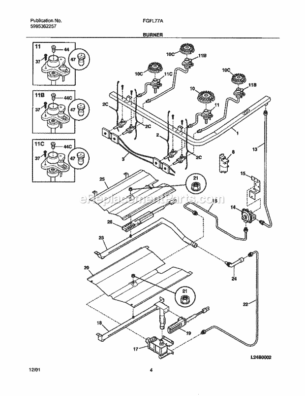 Frigidaire FGFL77AQD Freestanding, Gas Range Burner Diagram