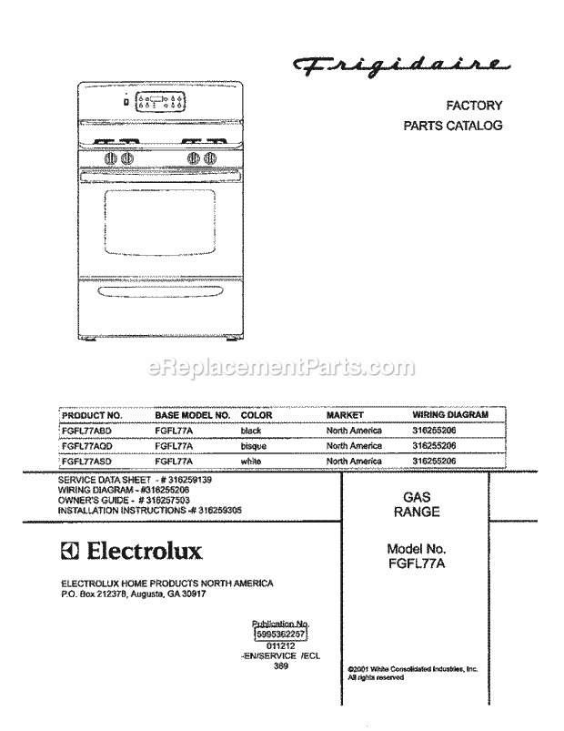 Frigidaire FGFL77AQD Freestanding, Gas Range Page D Diagram