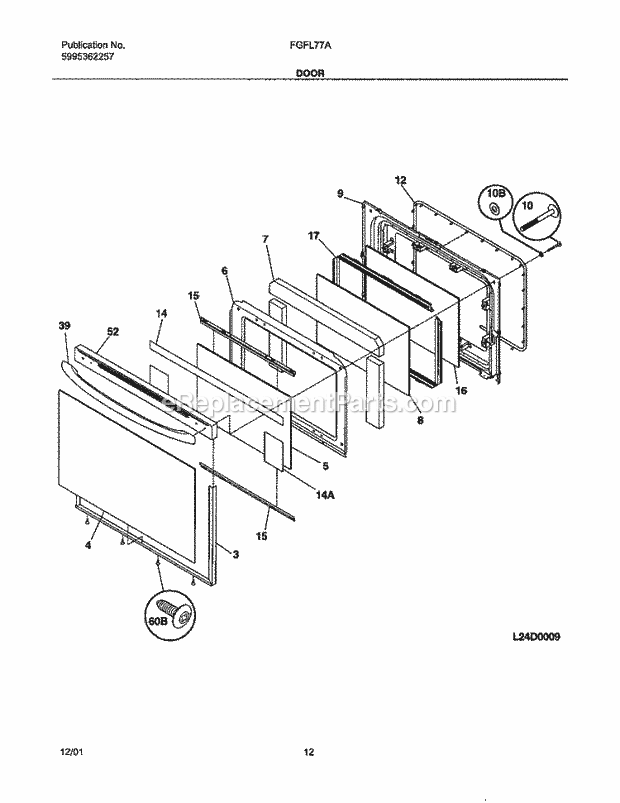 Frigidaire FGFL77AQD Freestanding, Gas Range Door Diagram