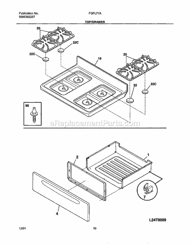 Frigidaire FGFL77AQD Freestanding, Gas Range Top / Drawer Diagram