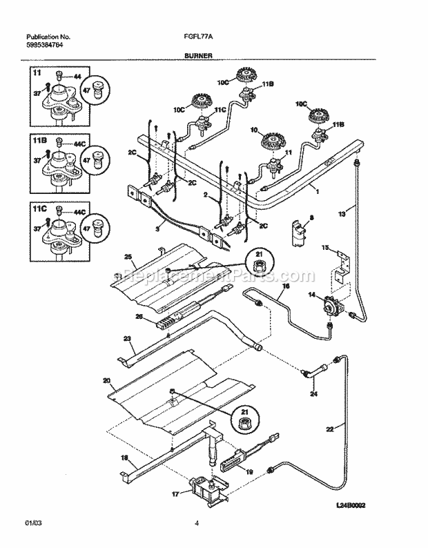 Frigidaire FGFL77AQE Freestanding, Gas Range Burner Diagram