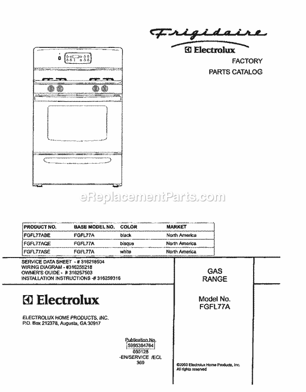 Frigidaire FGFL77AQE Freestanding, Gas Range Page D Diagram