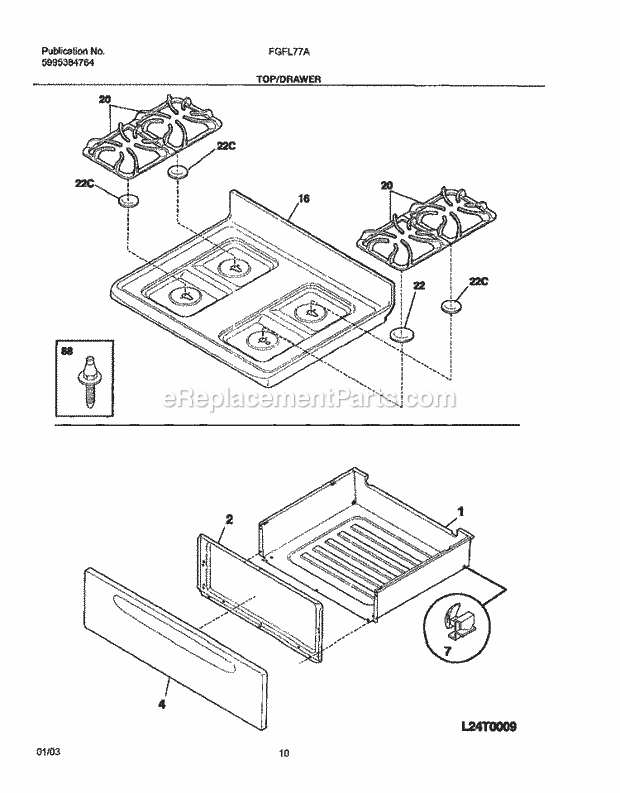 Frigidaire FGFL77AQE Freestanding, Gas Range Top / Drawer Diagram