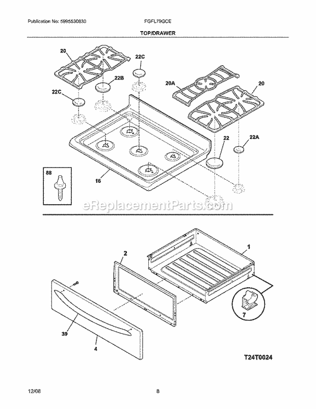 Frigidaire FGFL79GCE Range Top/Drawer Diagram