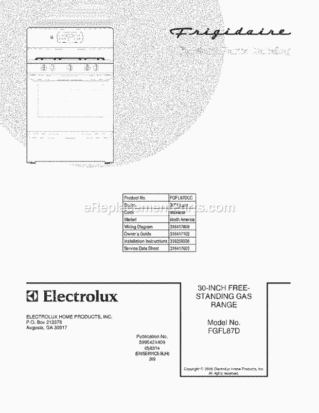 Frigidaire FGFL87DCC Freestanding, Gas Gas Range Page D Diagram