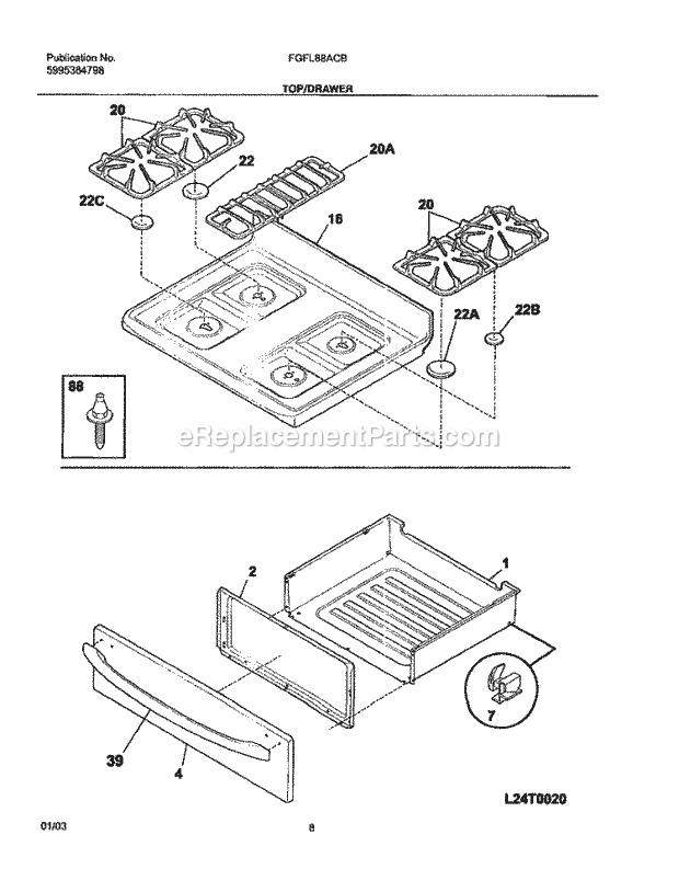 Frigidaire FGFL88ACB Freestanding, Gas Range Top / Drawer Diagram