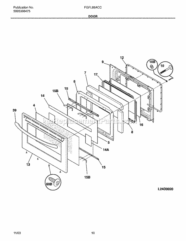 Frigidaire FGFL88ACC Freestanding, Gas Range Door Diagram