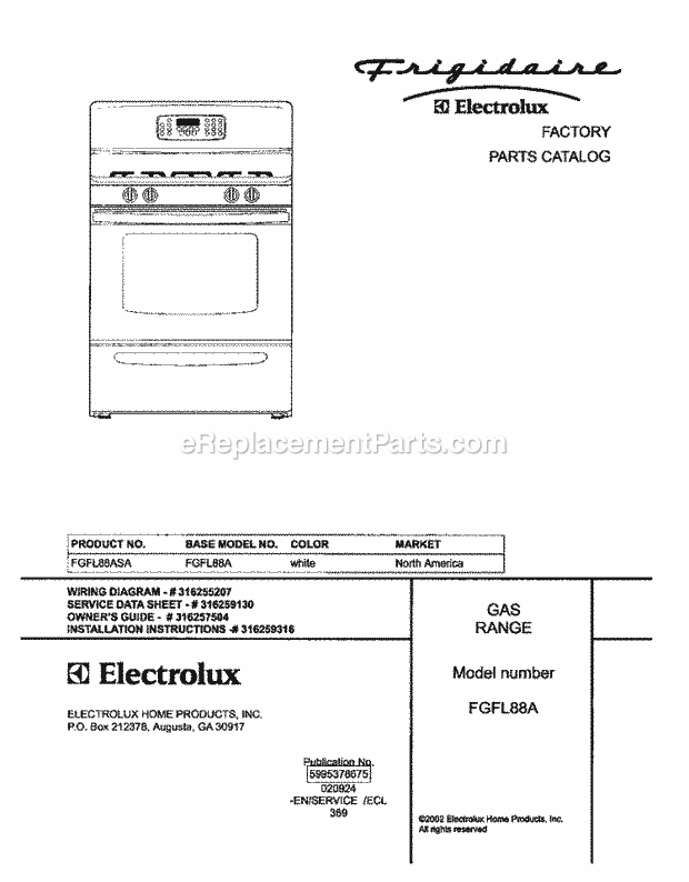 Frigidaire FGFL88ASA Freestanding, Gas Range Page D Diagram