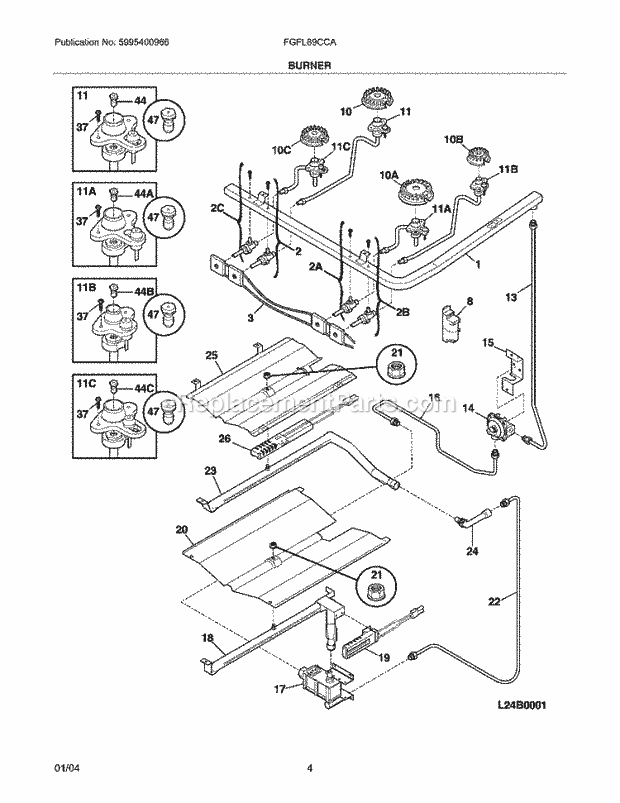 Frigidaire FGFL89CCA Freestanding, Gas Gas Range Burner Diagram