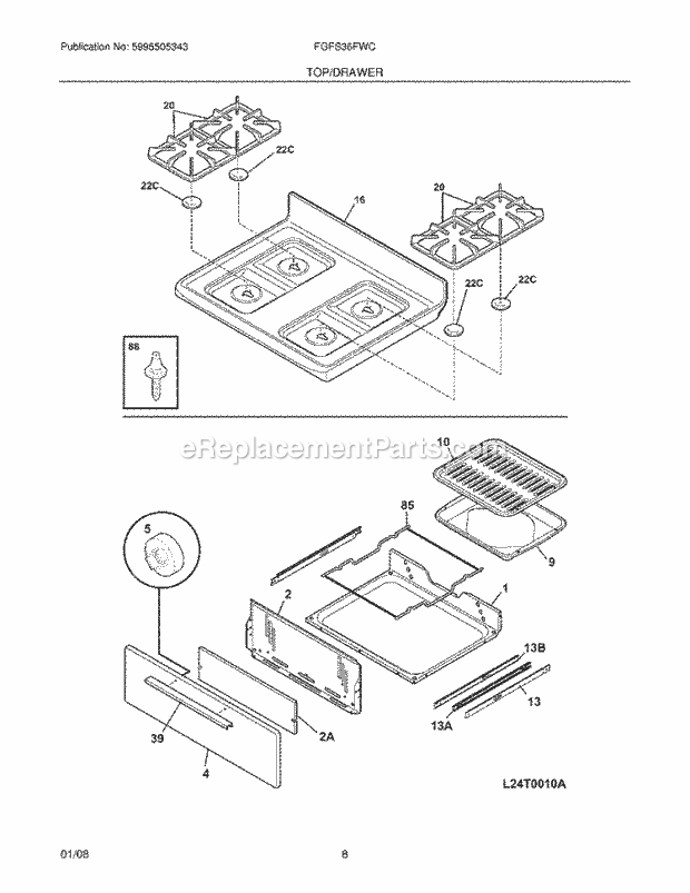 Frigidaire FGFS36FWC Freestanding, Gas Gas Range Top / Drawer Diagram