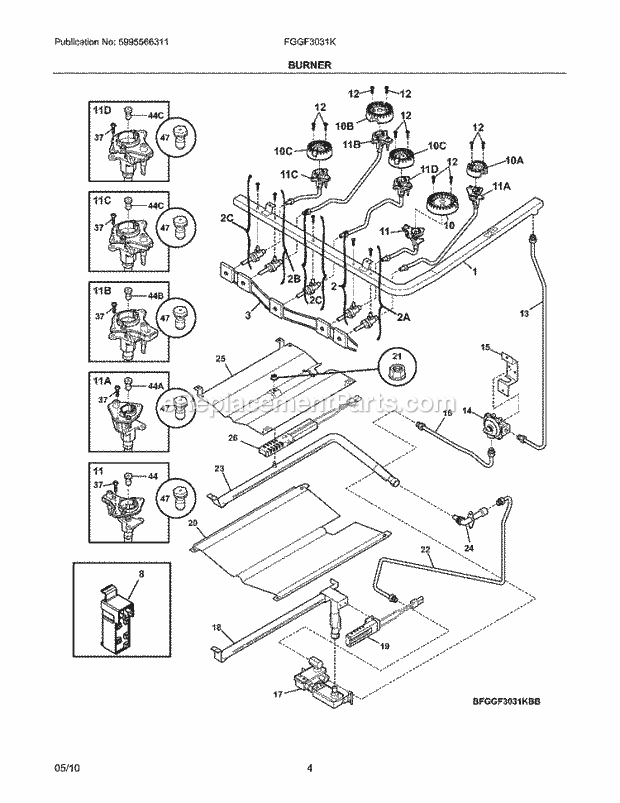 Frigidaire FGGF3031KBG Range Burner Diagram