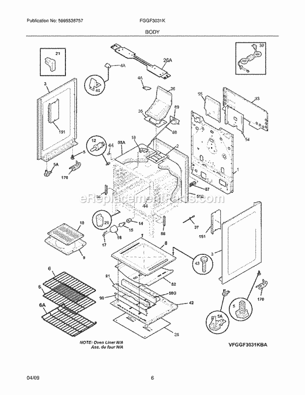 Frigidaire FGGF3031KWA Range Body Diagram