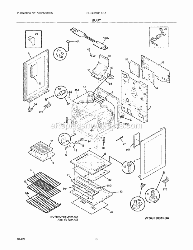 Frigidaire FGGF3041KFA Range Body Diagram