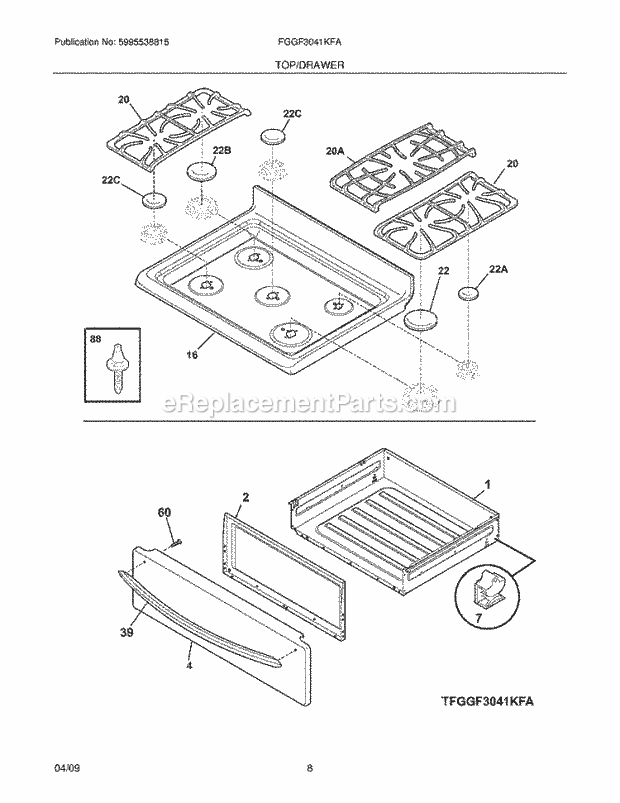 Frigidaire FGGF3041KFA Range Top/Drawer Diagram