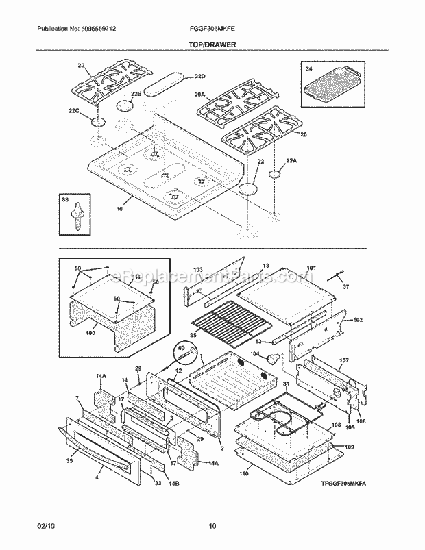 Frigidaire FGGF305MKFE Range Top/Drawer Diagram