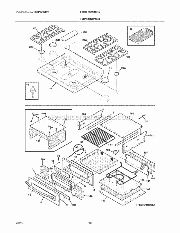 Frigidaire FGGF305MKFG Range Top/Drawer Diagram