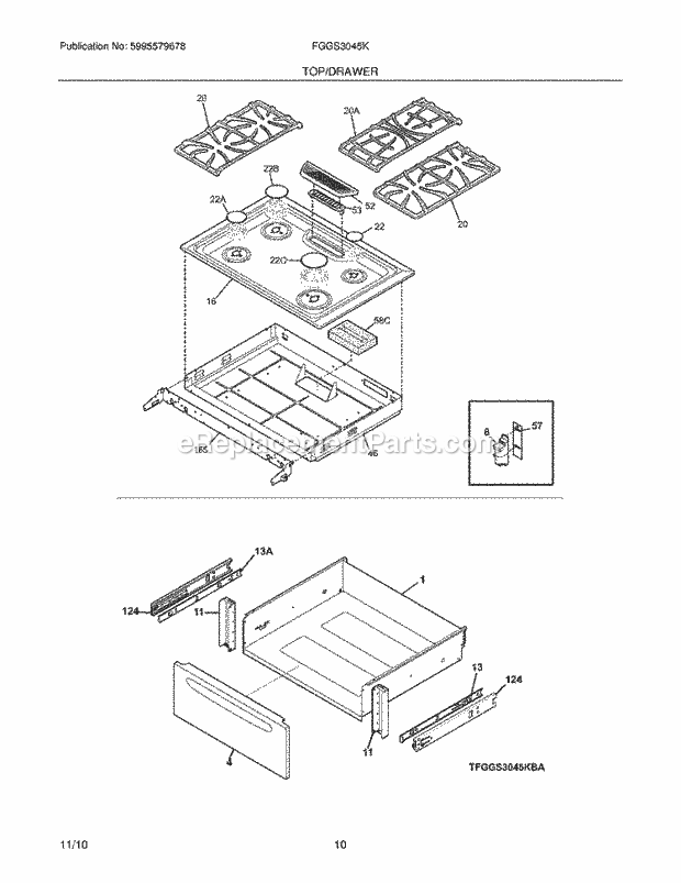 Frigidaire FGGS3045KWB Range Top/Drawer Diagram