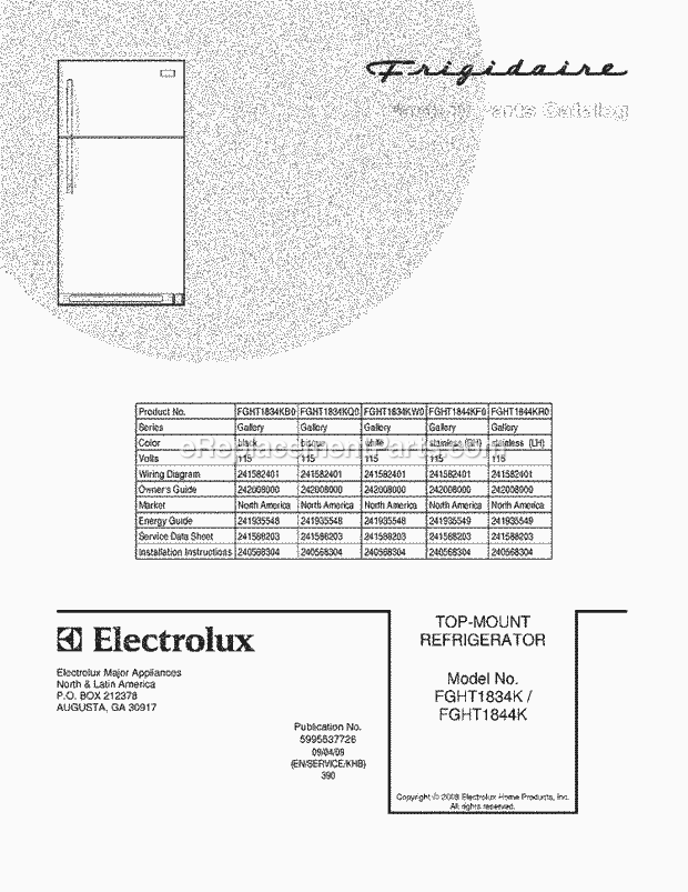 Frigidaire FGHT1834KB0 Refrigerator Page B Diagram