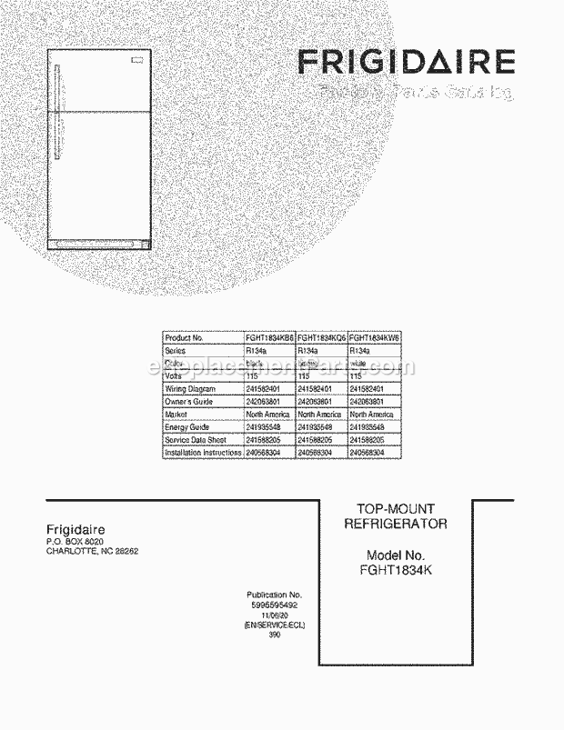 Frigidaire FGHT1834KB6 Refrigerator Page B Diagram